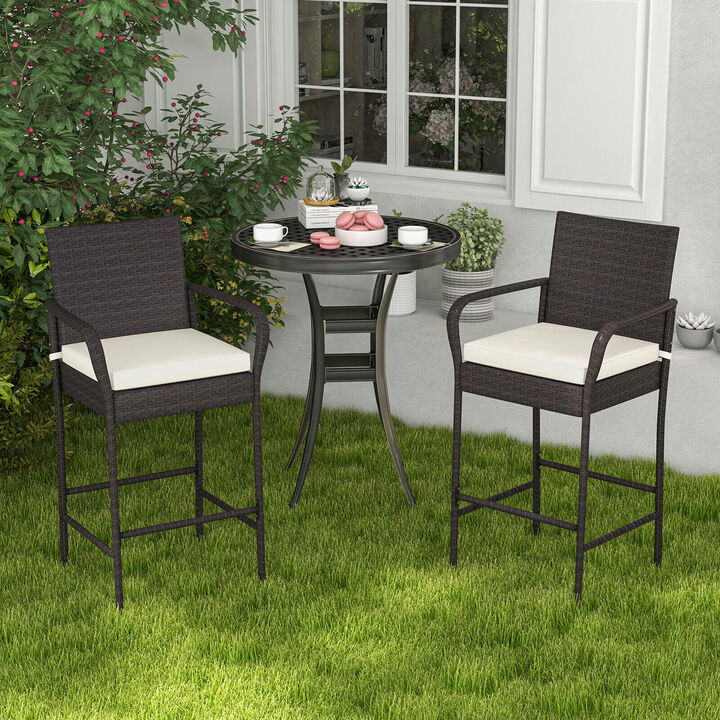 Outdoor PE Rattan Cushioned Barstool Set with Armrests
