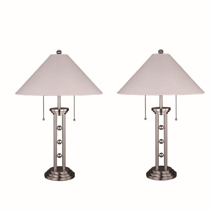 26 Inch Modern Metal Table Lamp, 3 Orbs, Pull Chain, Set of 2, Silver-Benzara