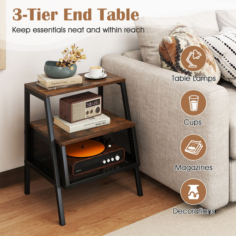 3-Tier Bedside Tables Set of 2 with Open Shelves and Metal Mesh Storage image number 3