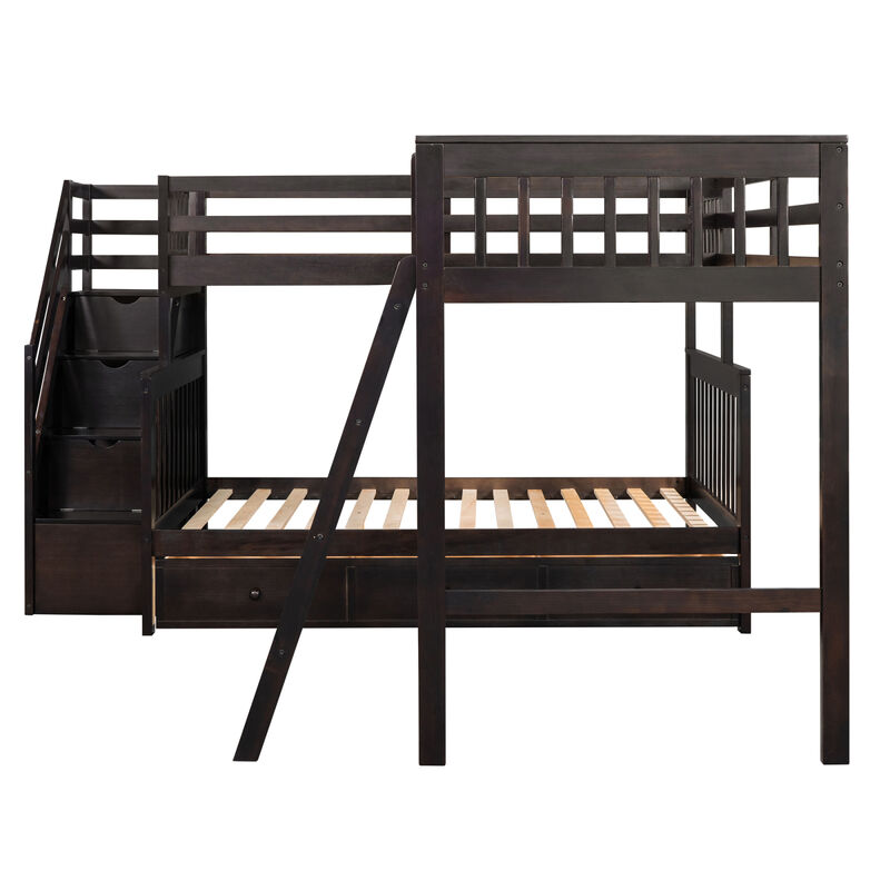 Twin Over Full L-Shaped Bunk Bed With 3 Drawers, Ladder And Staircase