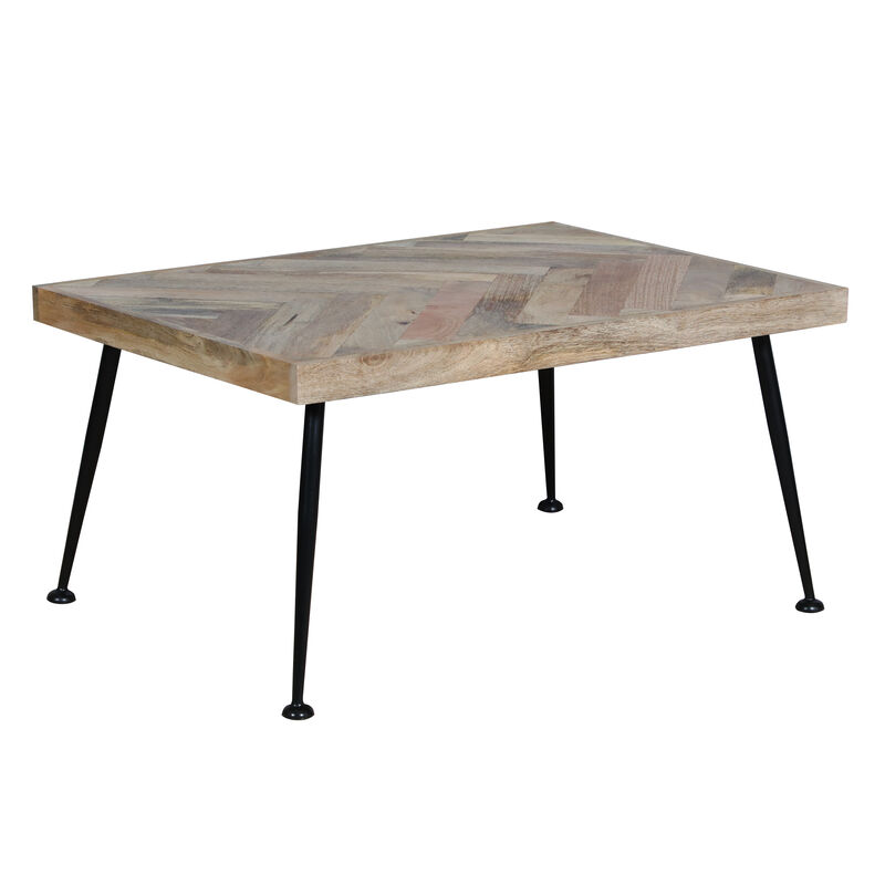 36 Inch Rectangular Mango Wood Coffee Table, Herringbone Design, Iron Legs, Brown, Black-Benzara