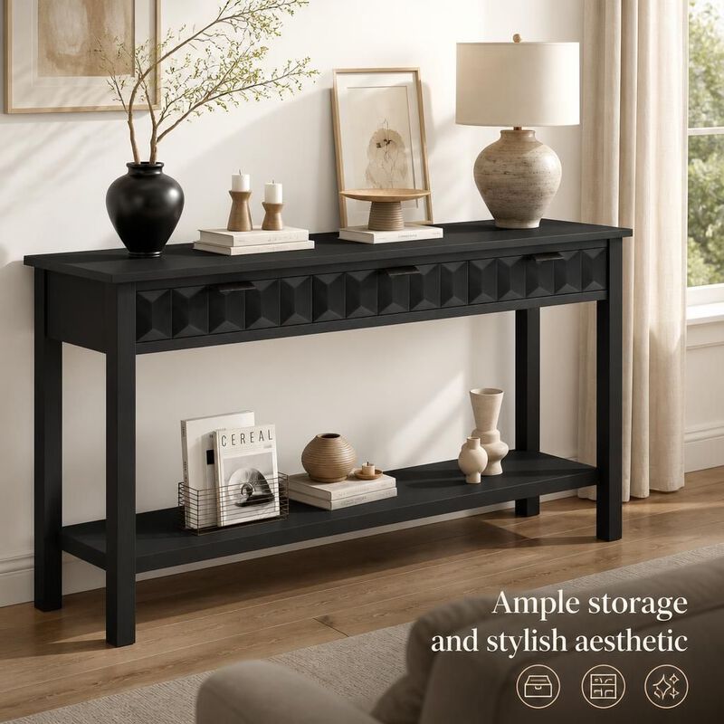 GOODSILO 58.3'' Fir Veneer Entryway Console Table with 3 Honeycomb Drawers Open Bottom Shelf for Living Room Hallway Study Foyer image number 4