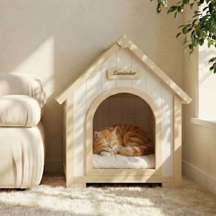 Solid Cedar Pet House, Cream Yellow Cabin Style Indoor Shelter for Small Dogs & Cats