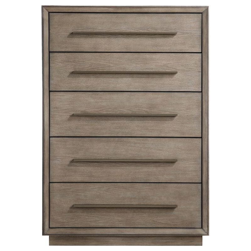 Lyni Tall Dresser Chest, 5 Drawers, Open Shelf, Washed Oak Brown - Benzara