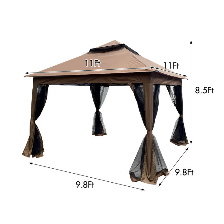 Outdoor 11x 11Ft Pop Up Gazebo Canopy With Removable Zipper Netting,2-Tier Soft Top Event Tent, Suitable For Patio Backyard Garden Camping Area with 4 Sandbags, Brown