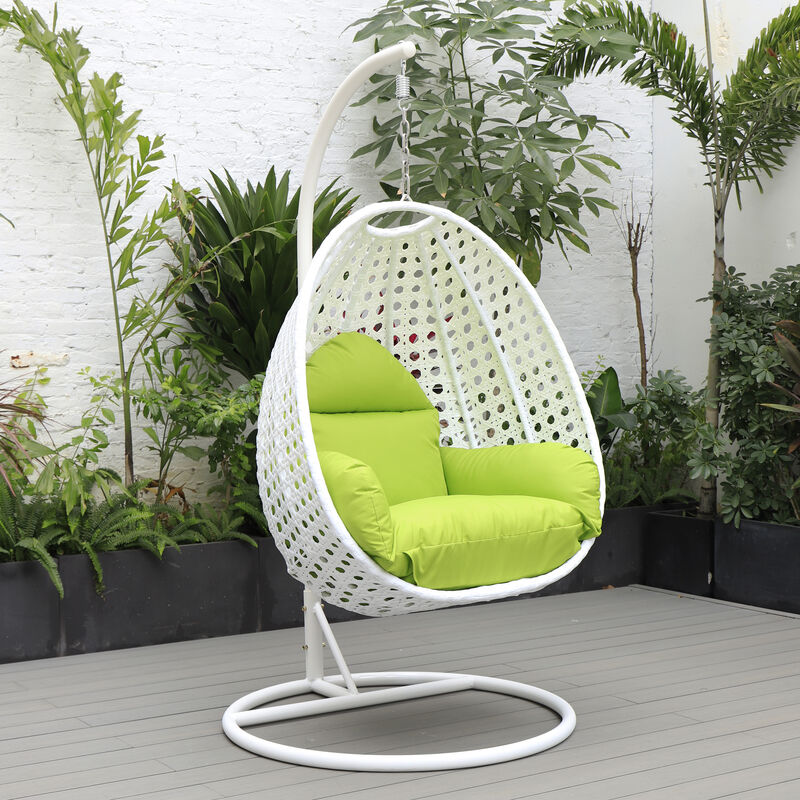 LeisureMod White Wicker Hanging Egg Swing Chair - Modern Outdoor Patio Chair for Porch, Balcony & Garden | Comfortable, Stylish, Durable