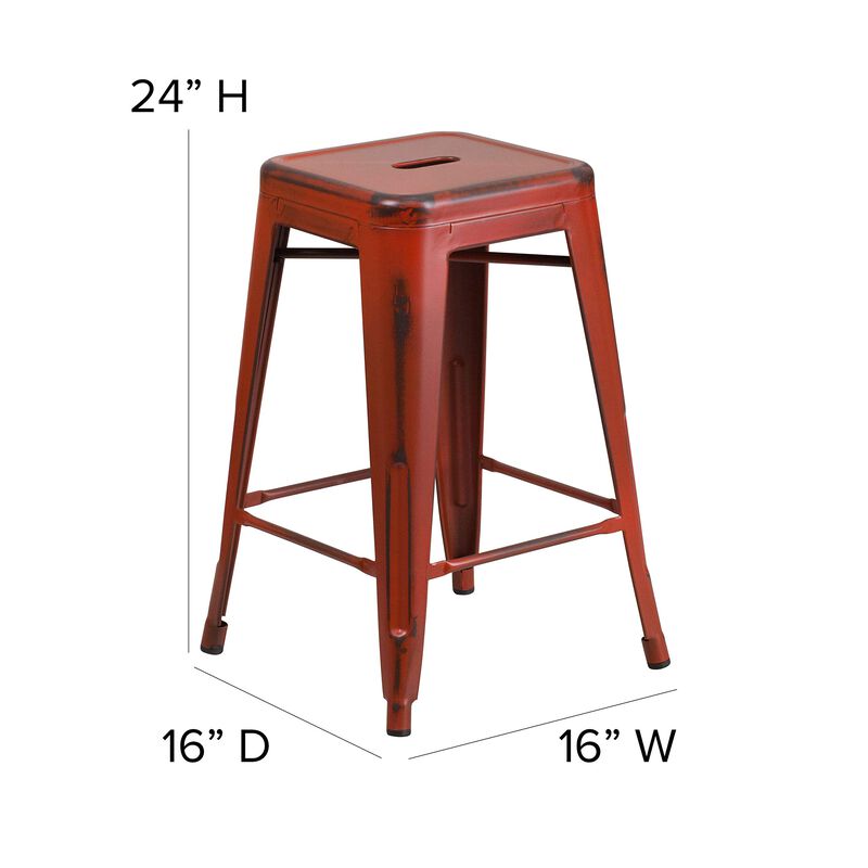 Flash Furniture Commercial Grade 24" High Backless Distressed Kelly Red Metal Indoor-Outdoor Counter Height Stool image number 3