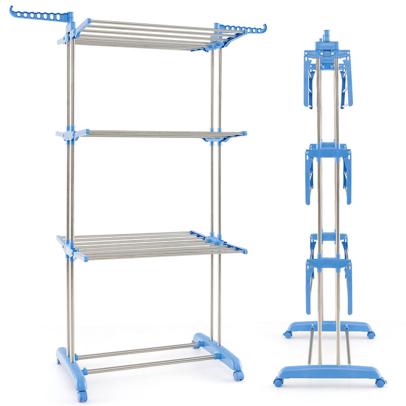 4-tier Folding Clothes Drying Rack with Rotatable Side Wings-Blue and Silver