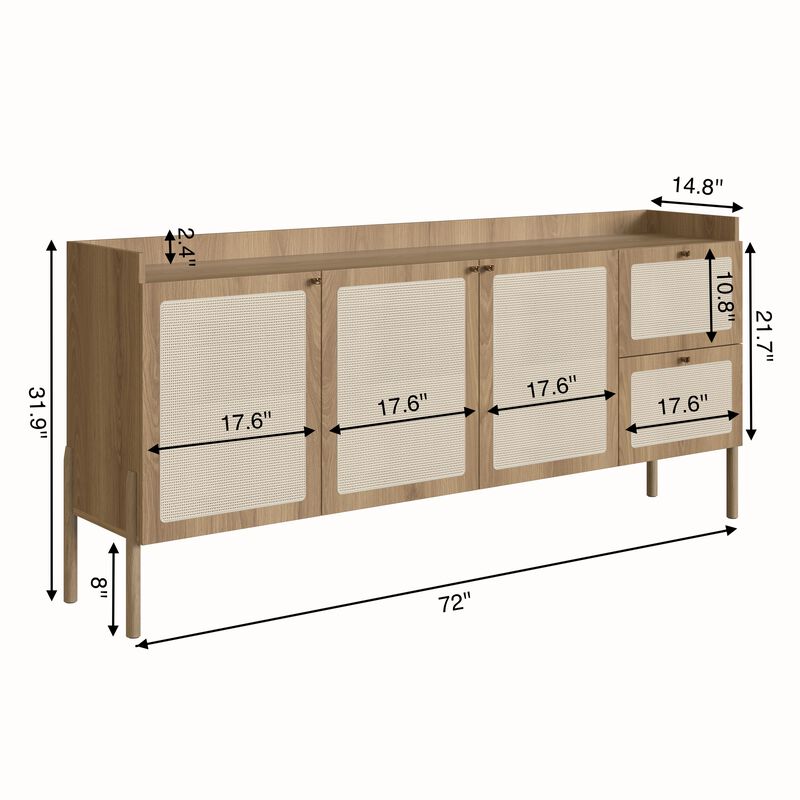 Boho 72"L X32"H  Sideboard Wood Legs Rattan 3 Door -2-Drawer-Coastal Oak