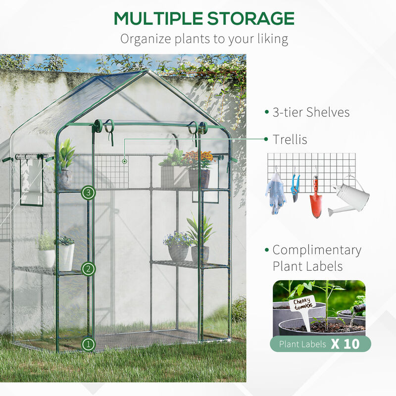 Outsunny 5' x 2.5' x 6.5' Mini Walk-in Greenhouse Kit, Portable Green House with 3 Tier Shleves, Roll-Up Door, and Weatherized Plastic Cover for Backyard Garden, Clear