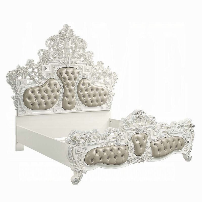 Kin King Size Bed, Ornate Vintage White, Tufted Beige Faux Leather - Benzara