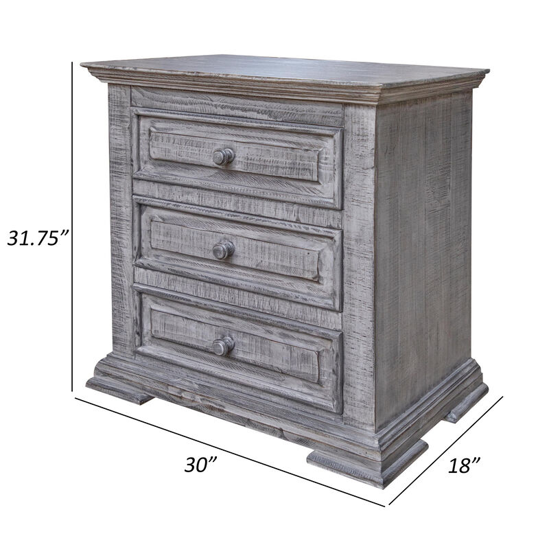 Siya 32 Inch Nightstand, 3 Drawers, Distressed Gray Pine Wood Molded Design-Benzara image number 5