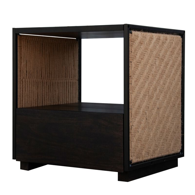 21 Inch Handcrafted Acacia Wood Side Table Nightstand, Woven Jute Side Panels, Brown, Black-Benzara