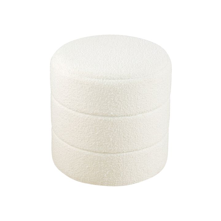 Sem Round Accent Ottoman, Cream White Chanel Stitched Boucle 18 Inch - Benzara
