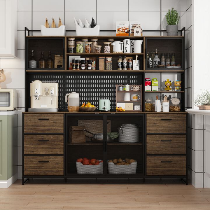 FUFU&GAGA Industrial Kitchen Pantry Storage Cabinet with Shelves and Drawers, (70.9" W x 15.7" D x 68.5" H) Brown and Black