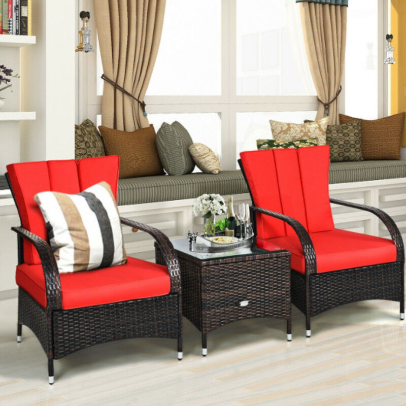 3PCS Rattan Coffee Table Set Chair-Red