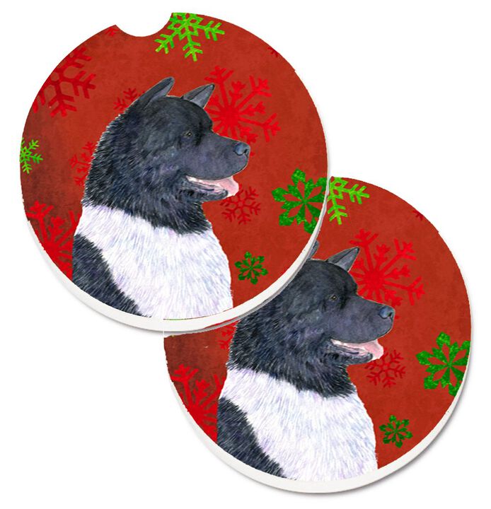Caroline's Treasures Akita Red & green Snowflakes Holiday Christmas Set of 2 Cup Holder Car Coasters SS4728CARC, 2.56, Multicolor