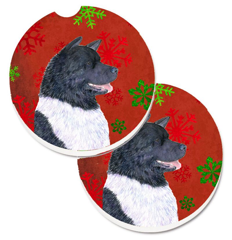 Caroline's Treasures Akita Red & green Snowflakes Holiday Christmas Set of 2 Cup Holder Car Coasters SS4728CARC, 2.56, Multicolor image number 0