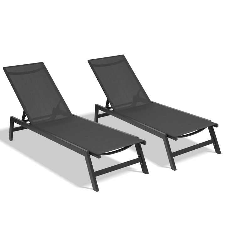 Outdoor 2-Pcs Set Chaise Lounge Chairs, Five-Position Adjustable Aluminum Recliner, All Weather for Patio, Beach, Yard, Pool ( Grey Frame/ Black fabric)
