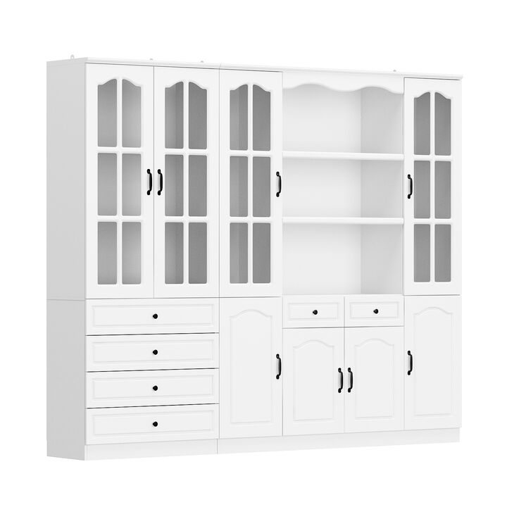 FUFU&GAGA Elegant Bookcase Cabinet with Glass Doors and 6 Drawers – Adjustable Shelves, P2 MDF, Modern Storage Solution for Living Room, Study, or Dining Area , (94.5”W x 78.7”H x 15.7”D),White