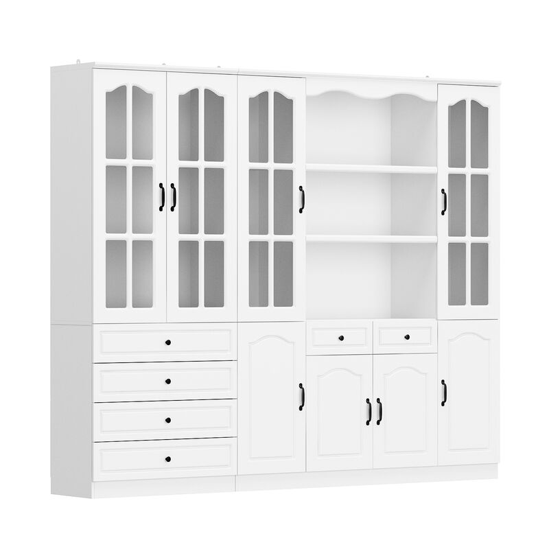 FUFU&GAGA Elegant Bookcase Cabinet with Glass Doors and 6 Drawers – Adjustable Shelves, P2 MDF, Modern Storage Solution for Living Room, Study, or Dining Area , (94.5”W x 78.7”H x 15.7”D),White