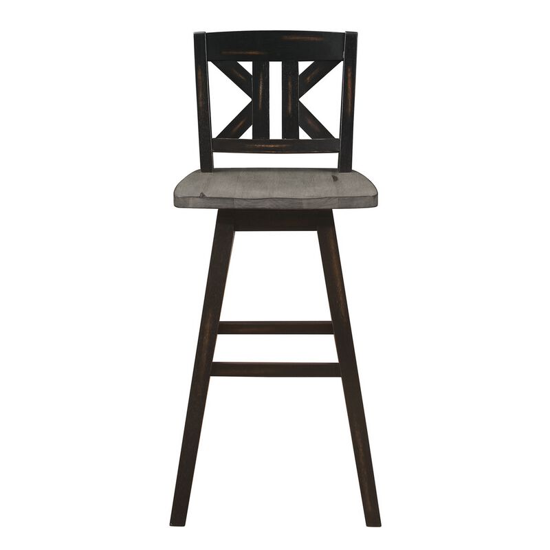 Ati 29 Inch Bar Height Stool Swivel Chairs Set of 2, X Back, Distressed Gray, Black image number 2