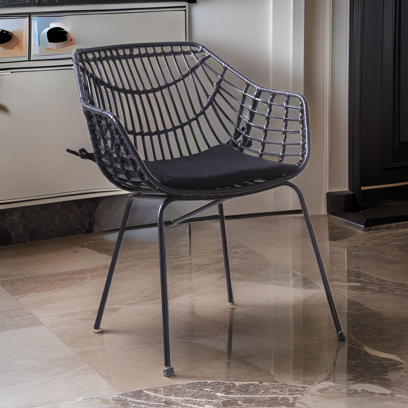 Niya Patio Chair Set of 2, Polyester, Black Steel, Outdoor Rattan Wicker - Benzara