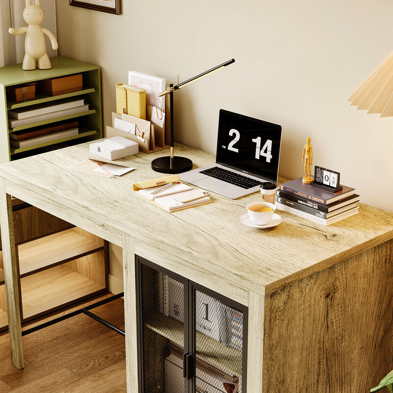 FUFU&GAGA White Oak Textured Office Desk with Metal Mesh Cabinet Door and Adjustable Shelf, Modern Workstation Table (63 in. L x 31.5 in. W x 38.6 in. H),White Oak