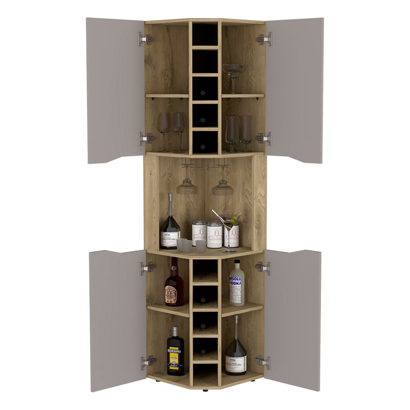Obregon Corner Bar Cabinet, Ten Built-in Wine Rack, Single Door -Macadamia / Taupe