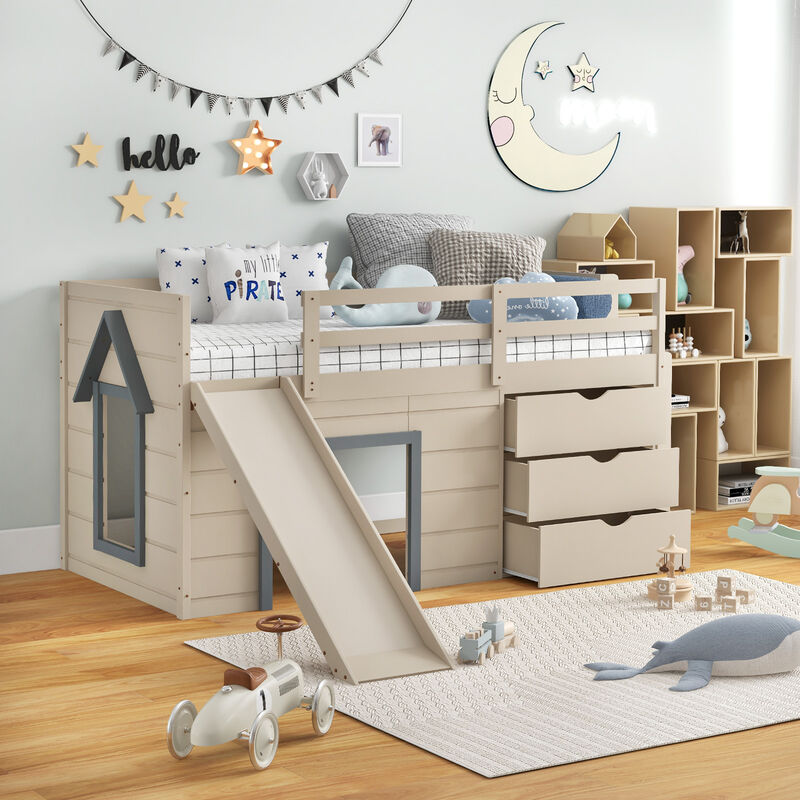 3-In-1 Twin Loft Bed with Slide Ladder Drawers for Kids Teens-Beige