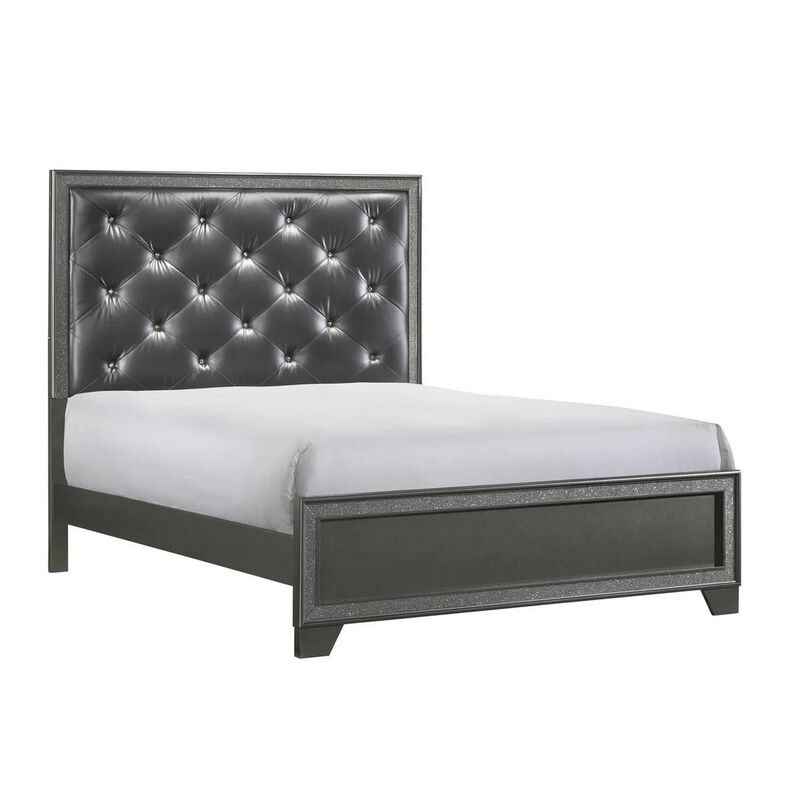 Benjara Kay King Bed, Faux Diamond Tufted, Gray Upholstery, Silver Trim, Wood