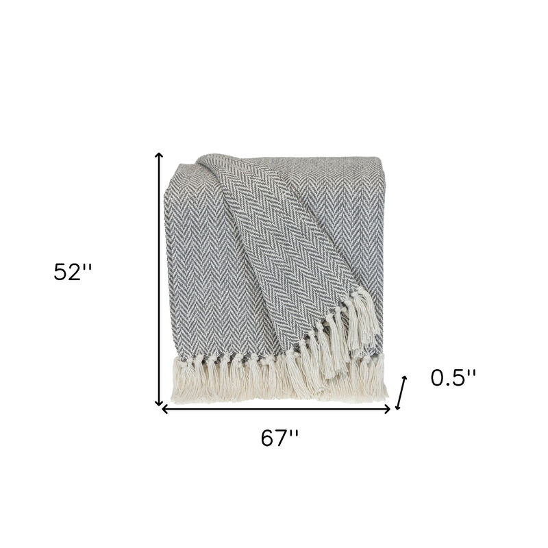 HomeRoots Handloomed Light Gray Cotton Throw Blanket with Tassels image number 5