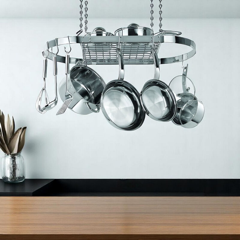 Stainless Steel Oval Pot Rack for Kitchen Cookware & Utensil Storage