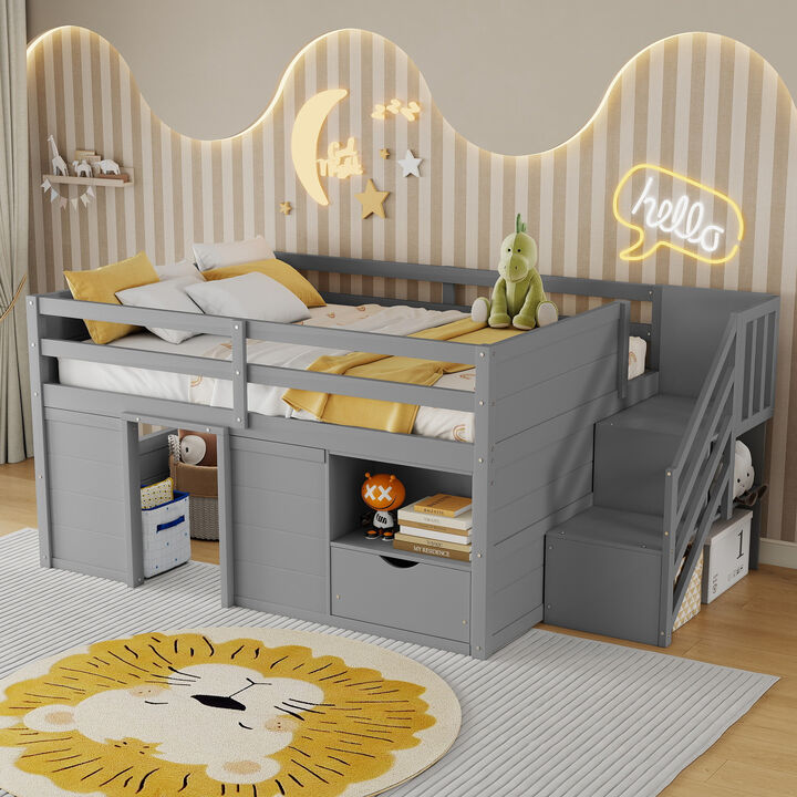 Whisen Full Size Solid Wood Low Loft Bed Frame with Built-in Stairs, Storage Drawer & Shelf for Kids Bedroom