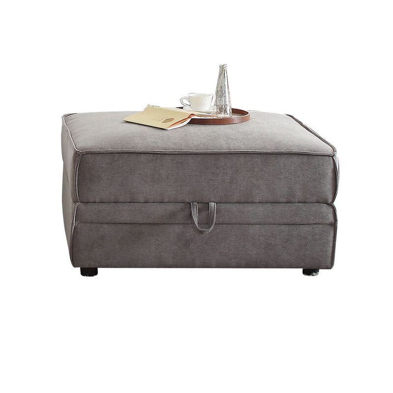Velvet Upholstered Wooden Ottoman with Lift Off Storage and Block Legs, Gray-Benzara