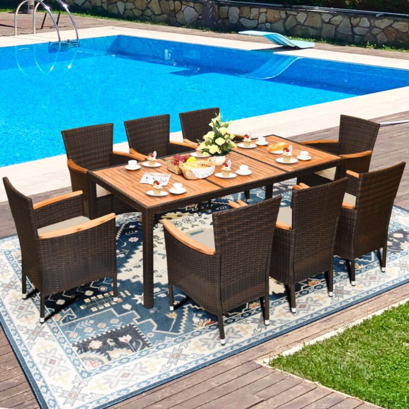 Hivvago 9 Pieces Rattan Dining Set with Acacia Wood Table and Stackable Cushioned Chairs