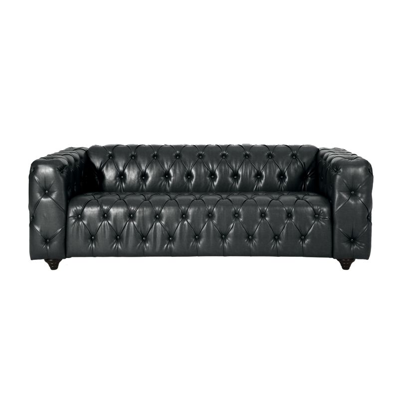 Arlo Sofa, Chesterfield Tufted Black Faux Leather Upholstery