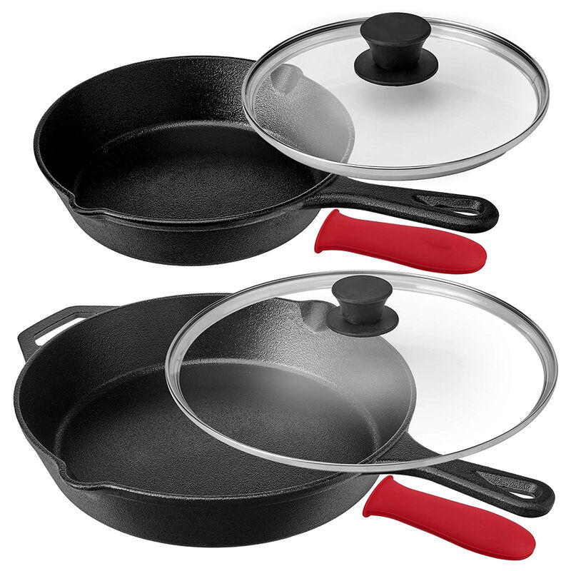 MegaChef Pre-Seasoned 6 Piece Cast Iron Skillet Set with Lids and Red Silicone Holders image number 0