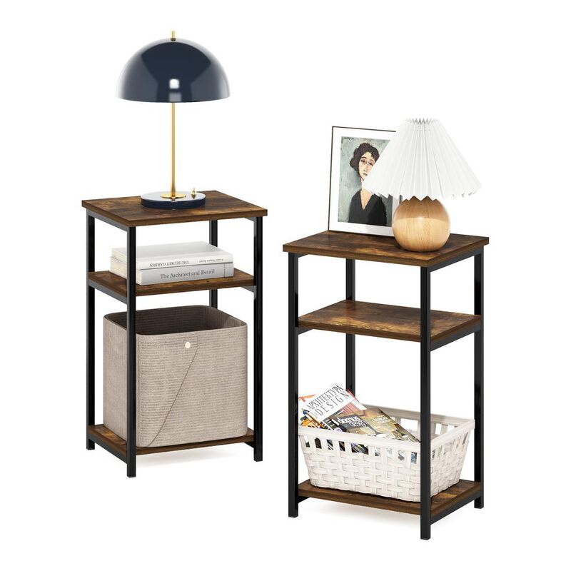 Furinno Just 3-Tier Industrial Metal Frame End Table with Storage Shelves, 2-Pack, Amber Pine