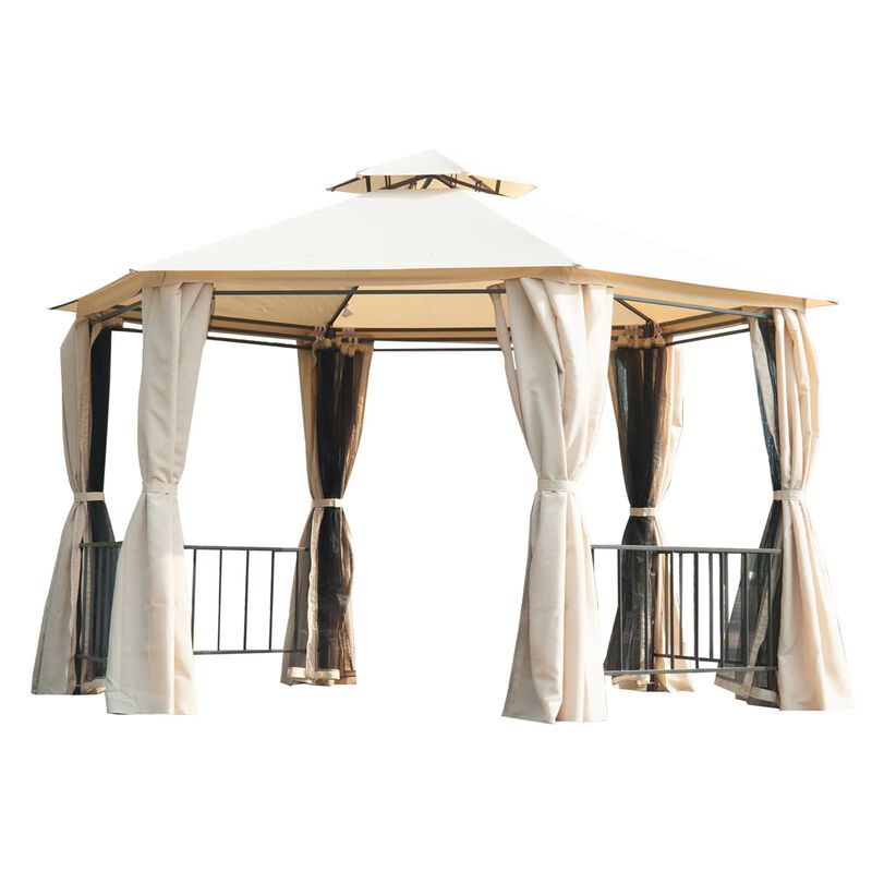 Beige Party Pavilion: 13'x13' Hexagon Canopy with Mesh & Curtains