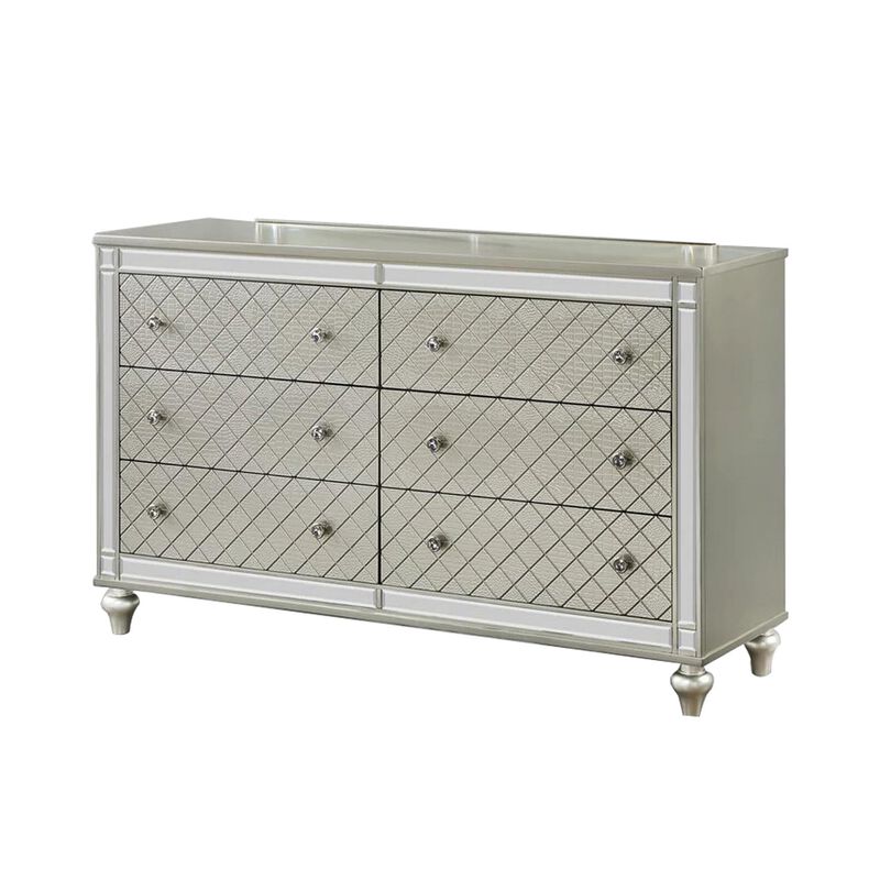 Benjara Cristo 62 Inch Wide Dresser with Mirror, 6 Drawers, Champagne Cross Pattern, Silver