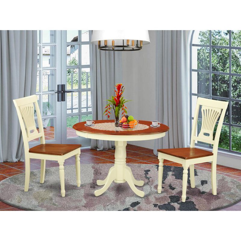 East West Furniture 3  Pc  set  with  a  Round  Dinette  Table  and  2  Wood  Dinette  Chairs  in  Buttermilk  and  Cherry  .