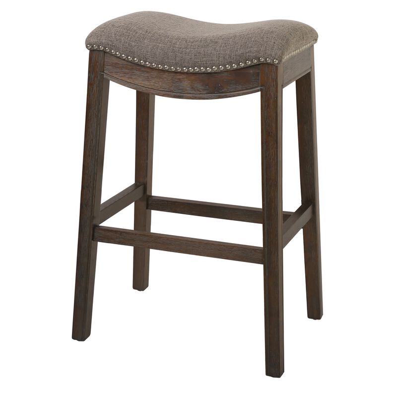 Sadie 30in. H Saddle Weathered Gray Wood Bar-Height Barstool with Smoke Gray Fabric