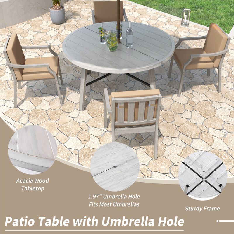 Mondawe Outdoor Patio 5-Pcs Acacia Wood Dining Set,Table With Umbrella Hole & 4-Seater Iron Chairs