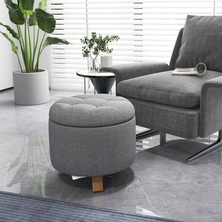 Hivvago Upholstered Round Ottoman with Solid Rubber Feet-Gray