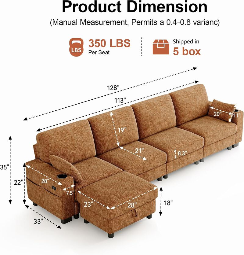 Vipbear 128 Inch Modular Sectional Sofa, Comfy Chenille 5 Seater L Shaped Cloud Couch with Ottoman image number 1