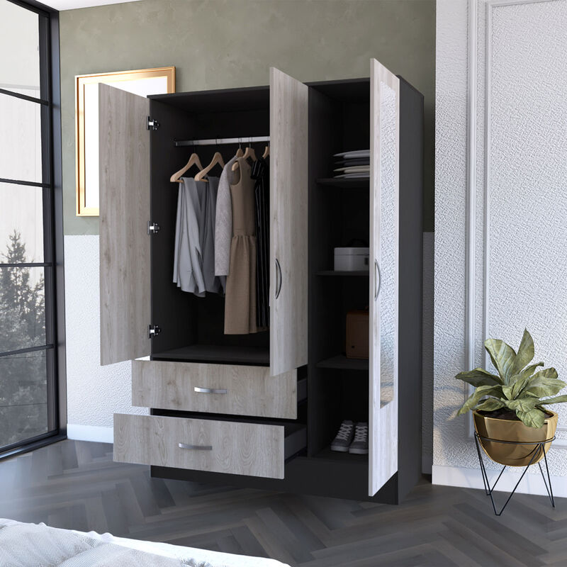 Black Rock 2-Drawer Small Armoire with Mirror Door Black Wengue and Light Gray