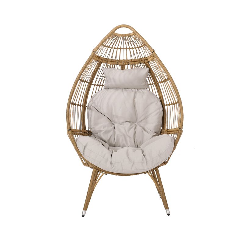 Outdoor Accent Chair, Teardrop Cocoon w Beige Pillow, Brown PE Rattan - Benzara