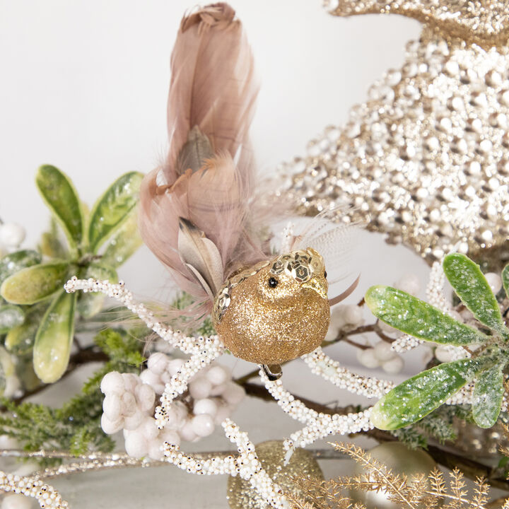 6" Gold Sequins and Glitter Bird with Clip and Feathers Christmas Ornament