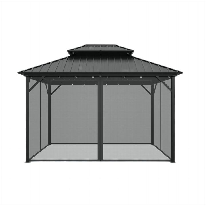 Mondawe 10x12 ft Outdoor Hardtop Gazebo Aluminum Frame Double Roof Gazebo with Netted Curtain
